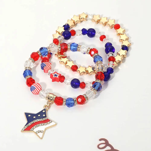 American USA Star Charm Beaded Stretch Multi Layered Bracelets