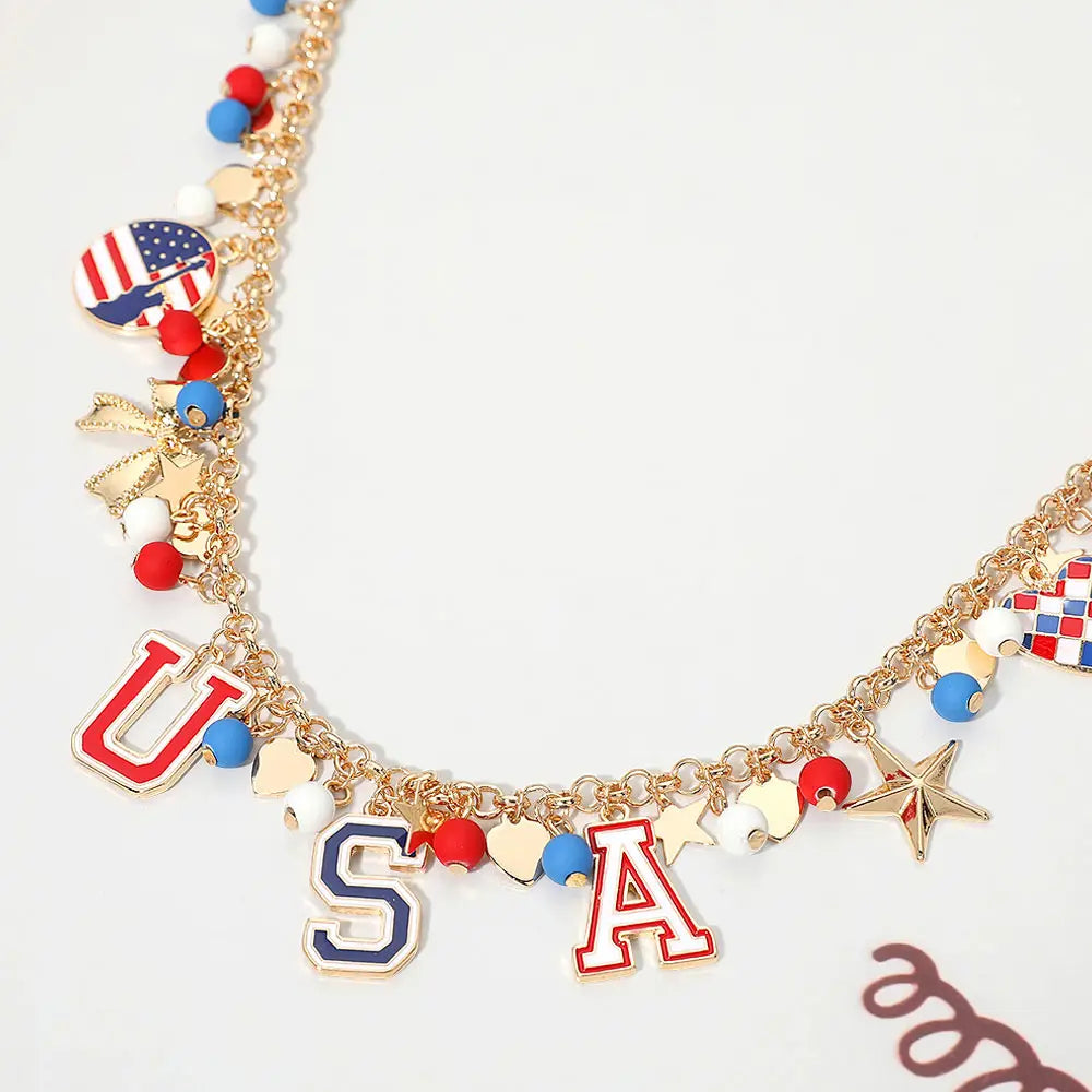 USA Flag Star Bow Bead Necklace