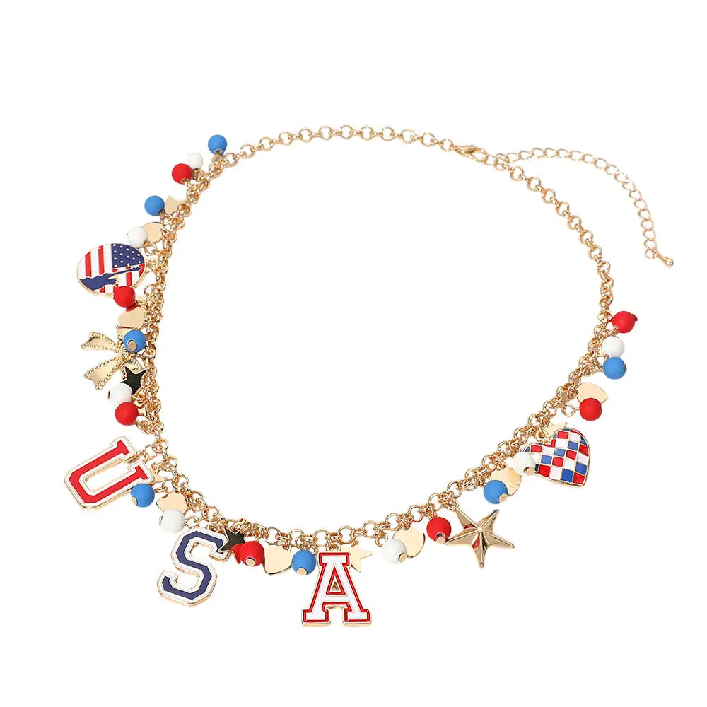 USA Flag Star Bow Bead Necklace