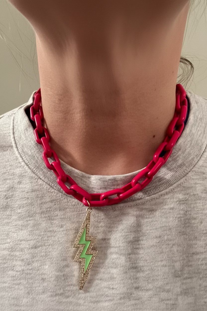 Hot pink enamel metal chain, neon green lightening bolt pendant