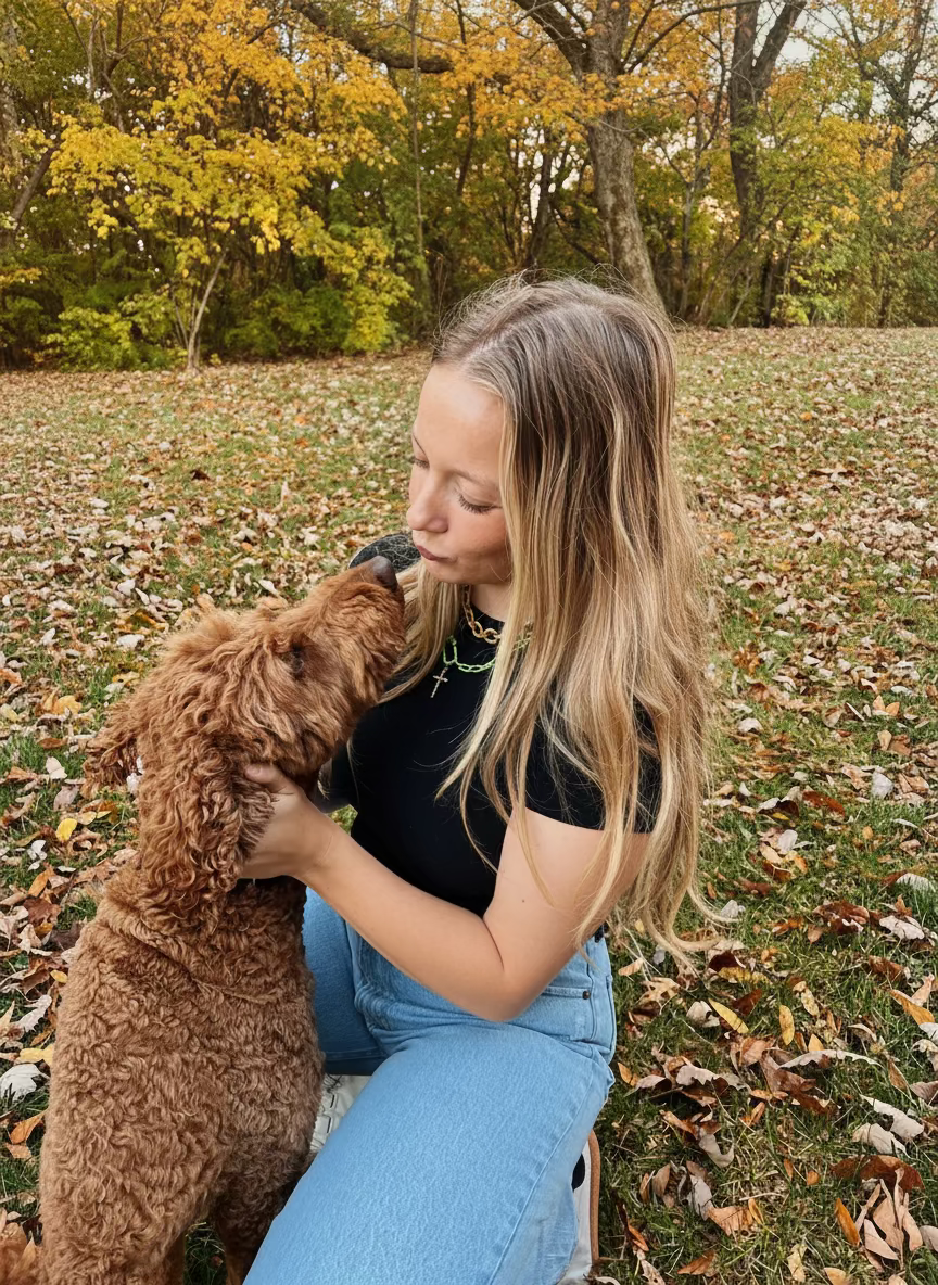 Woman sitting on grass with a brown dog in an outdoor setting