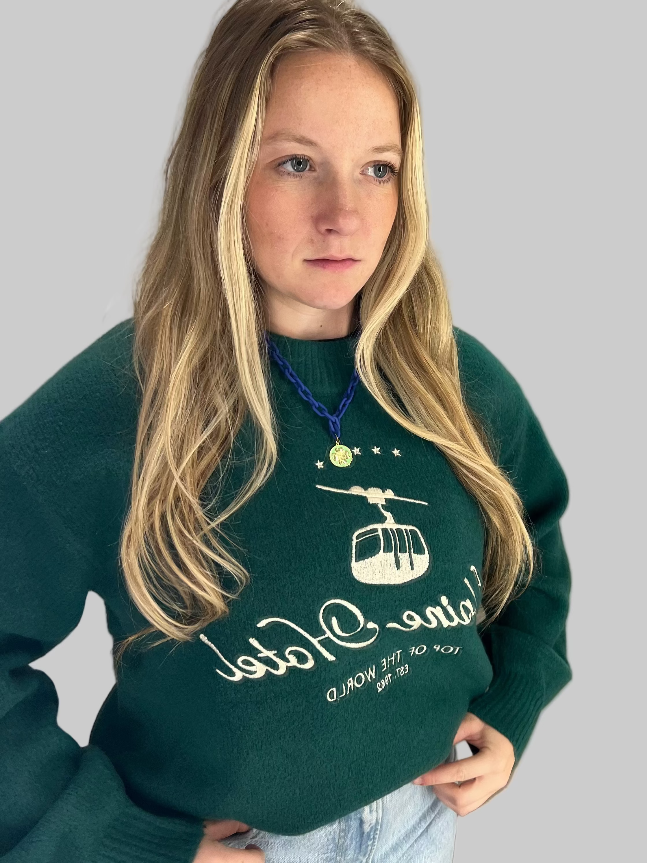 Person wearing a green sweater with text and graphics, standing indoors.