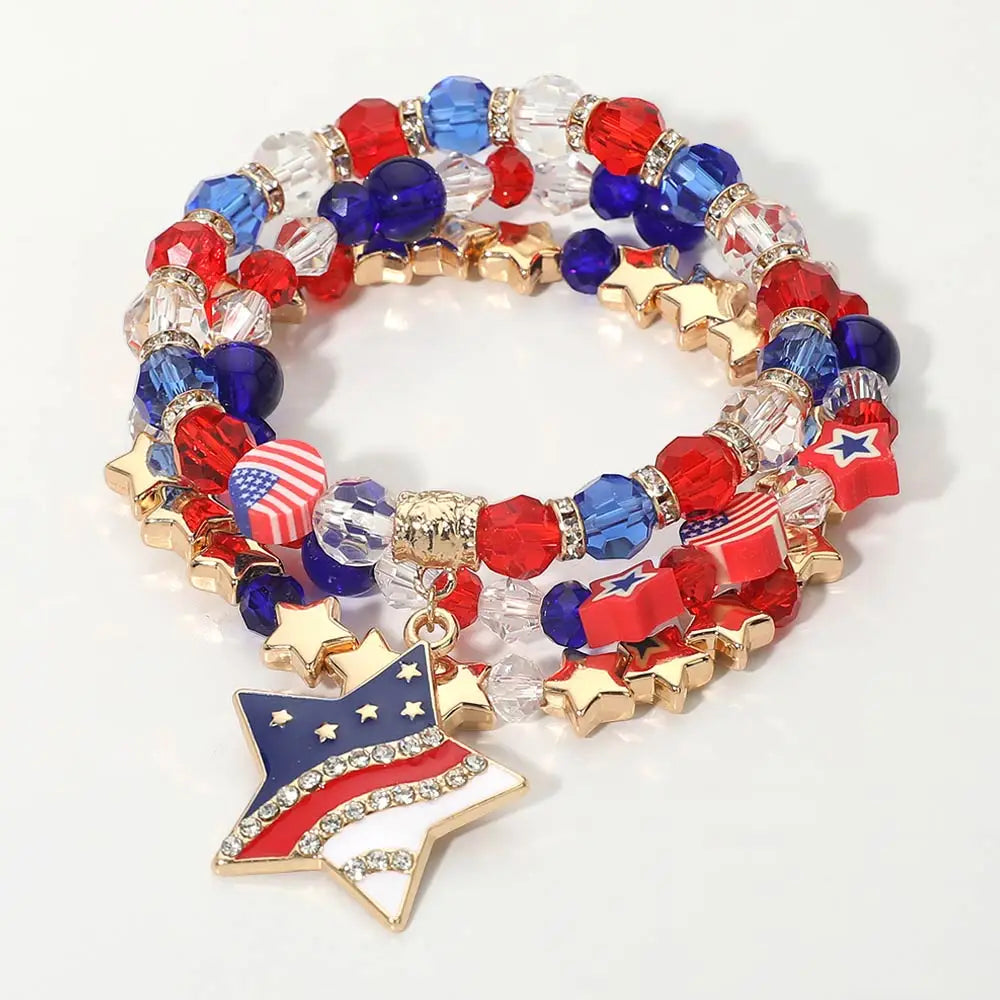 American USA Star Charm Beaded Stretch Multi Layered Bracelets