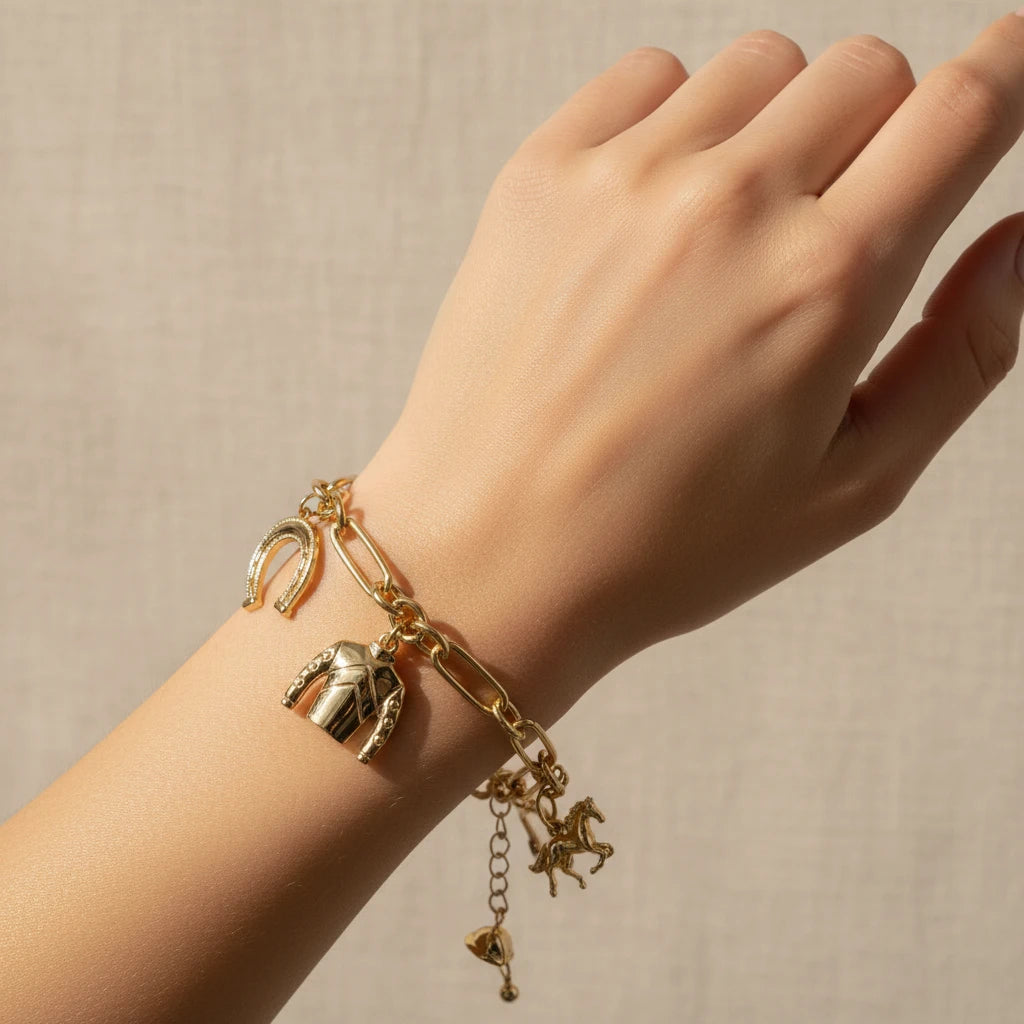 Gold bracelet with various charms on a white background