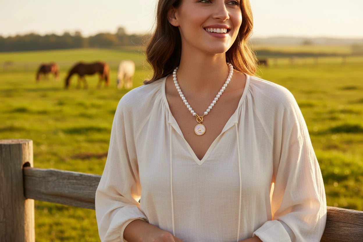 Pearl necklace with a gold pendant on a white background