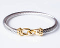 Silver bracelet with a gold clasp on a white background